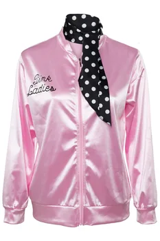 Magas Minőségű Zsír Jelmez Felnőtt Női Pink Lady Jelmez Retro Árok Szatén Kabát Dzseki Halloween Cosplay Pom-Pom Lány Ruha