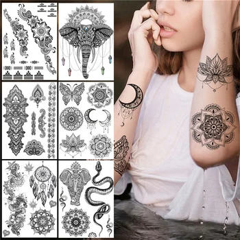 Mandala Virág Ideiglenes Tetoválás A Nők, Lányok Henna Tetoválás Matrica Fekete Törzsi Elefánt Ganesha Hamis Ékszerek Tetoválás Kar