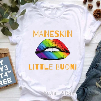 Maneskin Kis Buoni Ajkak Nyomtatás Tshirt Nők Szivárvány Büszkeség MåNeskin LMBT T-Shirt Homme Nyári Hip-Hop Olaszország Rock Zenekar Póló