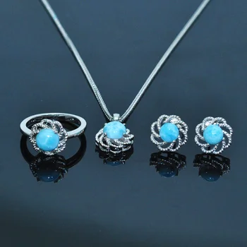 MH Női meghatározott Természetes Kék larimar Gyűrű medál, fülbevaló stud 925 Sterling Ezüst Drágakő Jól romantika Klasszikus Ékszer Ajándék