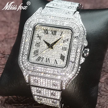MISSFOX Férfi Karóra Hip-Hop Baguette Gyémánt legnépszerűbb Márka a Luxus AAA típusú Kvarc Férfi Szögletes Karóra Férfi Mell Le, Ékszerek, Órák