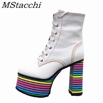 MStacchi Divat Női Közepén borjú Csizma Nyers Sarok Lace-Up Kerek Toe Platform Csúszásmentes Cipő Női Magas Sarkú Botas Mujer 2021