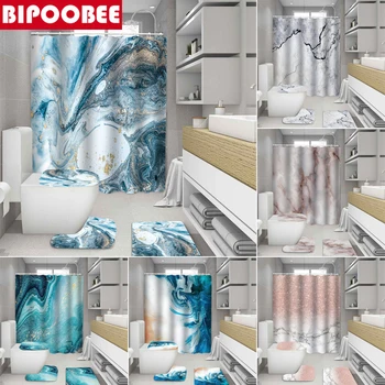 Márvány Csíkos zuhanyfüggöny Art 3D Geometriai csúszásmentes Fürdőszoba Szőnyeg Wc Borító Szőnyeg Vízálló Szövet Fürdőkádban Függöny