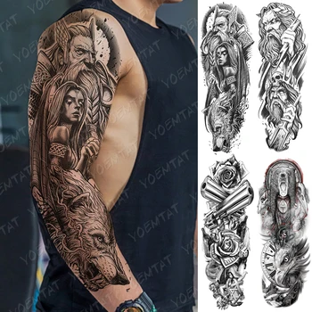Nagy Kar Hüvely Tetoválás Medve Koponyáját Vízálló Ideiglenes Tatto Matrica Isten Zeusz, Poszeidón Body Art, Tele Hamis Tetoválás A Nők, Férfiak