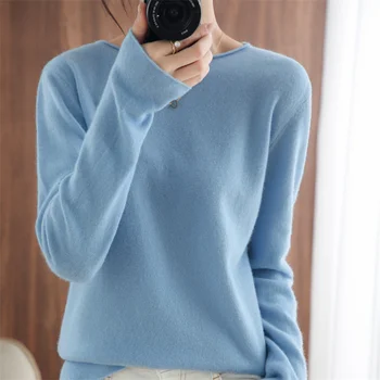Női hosszú ujjú standard kötött kasmír pulóver az őszi/téli kerek nyakú pulóver egyszínű mélypont fodros pulcsi