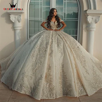 Puffy Hercegnő Esküvői Ruhák Flitterekkel Tüll Csipke Appliqués Luxus Hivatalos Dubai Menyasszony Ruha Szokás, Hogy JY48