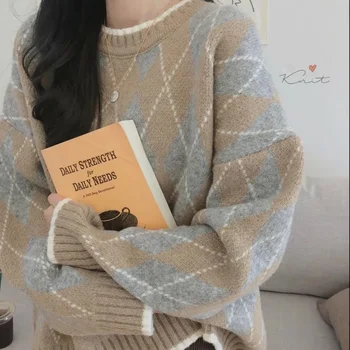 Pulóver Női Kötött Pulóver 2021 Új Koreai Divat A Hosszú Ujjú Pulóver Vintage Pullovers O Nyakú Kötött Laza Túlméretezett Felső