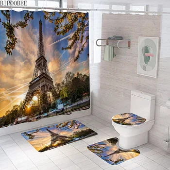 Párizsi Utcai Jelenet 3D Zuhany Függöny Eiffel-Torony Fürdőszoba Függöny Csúszásmentes Talapzat Wc Szőnyeg Fedél Fedél Fürdő Szőnyeg lakberendezés