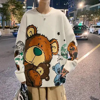 Rajzfilm Medve pulóver férfi tavaszi, őszi stílus laza Japán divat a retro kerek nyakú Pulóver Pulóver ifjúsági kabát