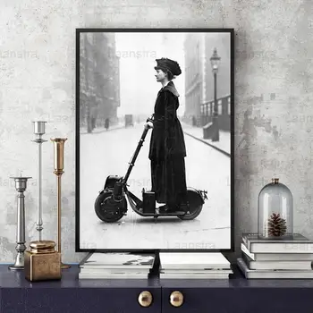 Retro Fali Pictue Fekete-Fehér Fotó Elegáns Hölgy Lovaglás Robogó Régi Poszterek, Nyomatok, lakberendezés keret nélküli Vászon Festmény
