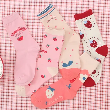 rózsaszín eper zokni nő aranyos calcetines de la mujer nők skarpetki meias meia femme chaussettes aranyos rajzfilm chaussette