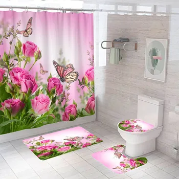 Rózsaszín Rózsa Zuhanyzó Függöny Pillangó Fürdő Függöny Szett a Szőnyegek Virágokat, Fürdőszoba Decor Szőnyegek, Szőnyeg Szett kampós