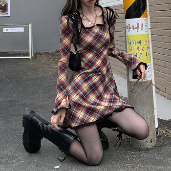 Tavaszi Kockás Lolita Ruha Női Elegáns Japán Kawaii Paty Mini Ruha Női Alkalmi High Street Koreai Ruha Nők 2021 Új