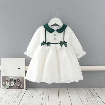Tavaszi, Őszi Új Baby Lányok Édes Princess Dress Gyermekek Fehér Pamut Kényelmes, Lélegző Hosszú Ujjú Ruha Masnival