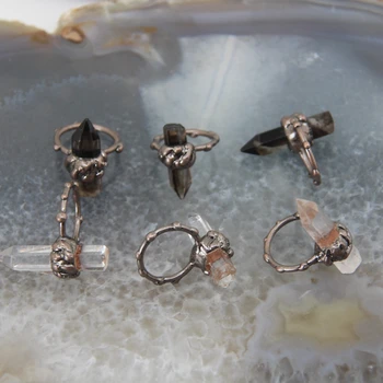 Természetes Aura Fehér Kvarc Antik Sárgaréz Gyűrű,Nyers Füst Quartzs Pontot Stick Gyűrű,Gyógyító Kristály Kvarc Együttes Ujj Gyűrű Ajándékok