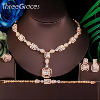 ThreeGraces 4db Gyönyörű Köbméter Cirkon Kő Nigériai Dubai Arany Geometriai Esküvői Ékszer Szett Nők számára Fél Eljegyzési TZ564