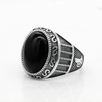 Tiszta 925 Ezüst Férfi Gyűrű Természetes Fekete Achát Kő Gyűrű Thai Ezüst Design, a Férfiak török Kézzel készített Ékszer, Ajándék