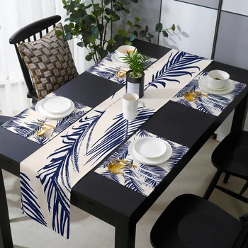 Trópusi Növény Levelei Kék asztali Futó, illetve Alátét Készlet Esküvői Asztal Dekoráció asztali Futó Karácsonyi Dekoráció, Terítő