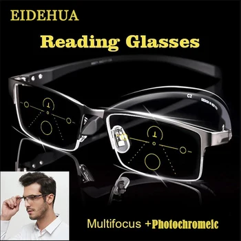 Ultra Könnyű Photochromic Progresszív Multifokális Olvasó Szemüveg Férfiak Anti-blue Ray Nagyító Presbyopic Szemüveg Fém TR90 1.5