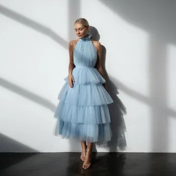 vestidos elegantes para mujer Rétegű Kék Ég Tüll Ruhák Nők Buja Kötőfék, Hosszú Ruha bokáig érő Rendelésre Készült