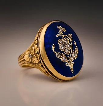 Viktoriánus Antik Francia Kék Zománc Gyűrű Forró Eladó 2021 Új Palotát Retro Luxus Lila Virág Gyémánt Gyűrű