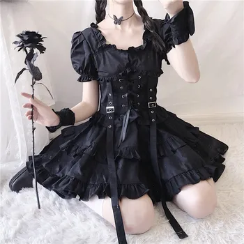 Viktoriánus Reneszánsz Fekete Gothic Lolita Ruha Japán Lány Klasszikus Punk Stílus Puff Ujjú Kötést Mini Ruha, Női Ruha