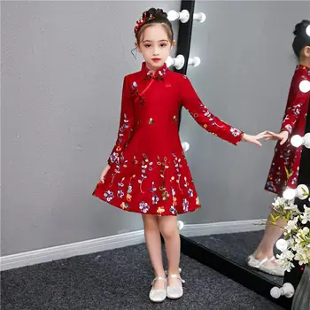Vörös Lány Gyermekek Cheongsam Hercegnő Ruha Esküvői Buli Gyerekek Őszi Téli Meleg Steppelt Szülinapi Ruhák, Új Év Ruházat