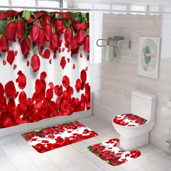 Vörös Rózsa Szirom Zuhanyzó Függöny, Virágok, Fürdőszoba Függöny Fürdő Szett Wc Fedő Matrac Csúszásmentes Fürdőszoba Szőnyeg Szett Modern 180x180cm