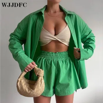 WJJDFC Pamut alkalmi nők két darab rövid beállítja a nyári Hivatal za magas derék zöld póló ruha szett Narancs rózsaszín divat határozza 2022