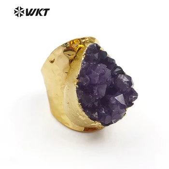 WT-R102 Nagykereskedelmi, Különleges Design, Egyedi Természetes Druzy Levendula Arany Galván Divat Ékszer Készítés Gyűrű