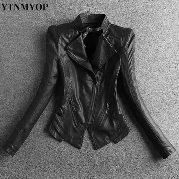 YTNMYOP Új Slim Fekete Bőr Kabát Női Műbőr Plusz Méret S-4XL Mandarin Gallér Motoros Bőr Kabát