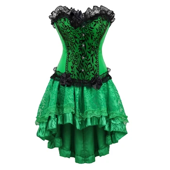 Zöld Fűző Ruha Szexi Csipke Vintage Fűző a Gótikus Virágos Szoknya Szett Poison Ivy Kosztümök molett Nők Burleszk Ruha