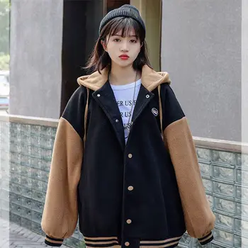Évjárat Túlméretezett Kapucnis Baseball Egyenruhás Nők Divat Streetwear Patchwork Kabátok Koreai Alkalmi Laza Réteg Őszi Téli