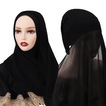 Új Muszlim Nők Csipke Fekete Jersey Hijabs Kapucnis Hosszú Chiffon Iszlám Kendő Fején Kendő Underscarf Sapka