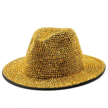 Új Strasszos Fedora Kalap a Nők nagy karimájú kalap gyémánt kalap este fél strand sapka női divat regény teljesítmény kalap