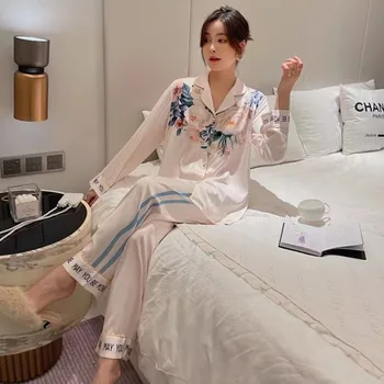Új stílus jég selyem pizsamát női hajtóka haza szolgáltatás öltöny pizsama szett nők