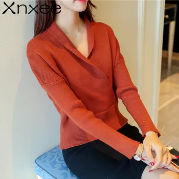 Ősszel a 2018-as koreai nők új V nyakú pulóver női garbó pulóver, póló, vékony, szilárd Xnxee