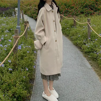 Őszi-téli Női kabát Hepburn stílus gombot temperamentum megvastagodott mesterséges gyapjú kabát, elegáns gyapjú keverék árok