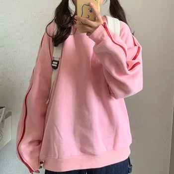 őszi téli szilárd polár kapucnis felső Nők koreai Aranyos rózsaszín Pulcsit cipzár 90-es évek Esztétikai túlméretezett kapucnis lány Streetwear